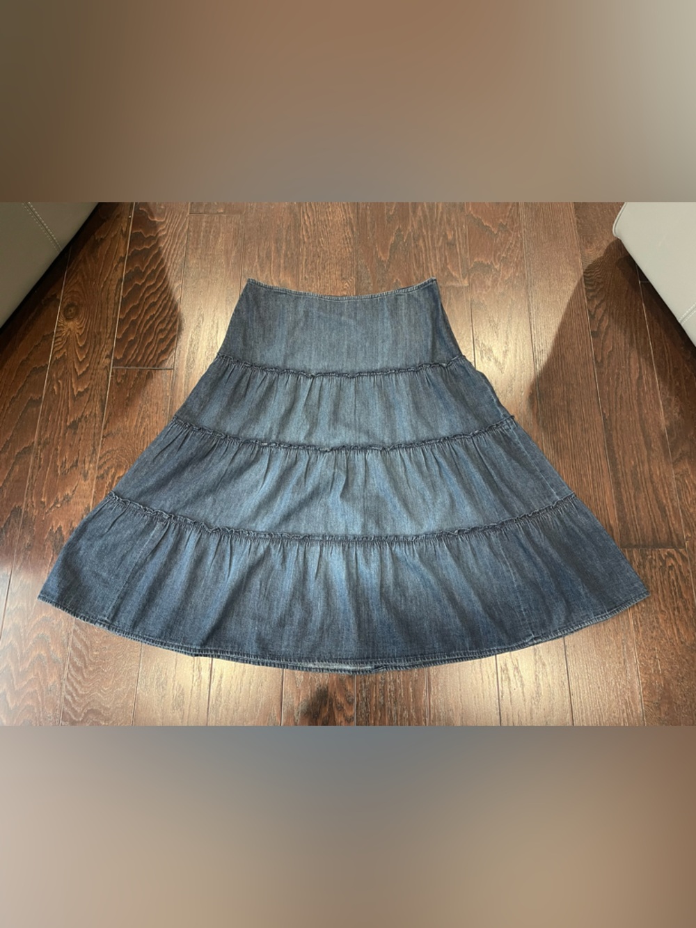 Jones Women'Denim Cotton Long Flare Bottom Tiered Maxi Skirt Size 12